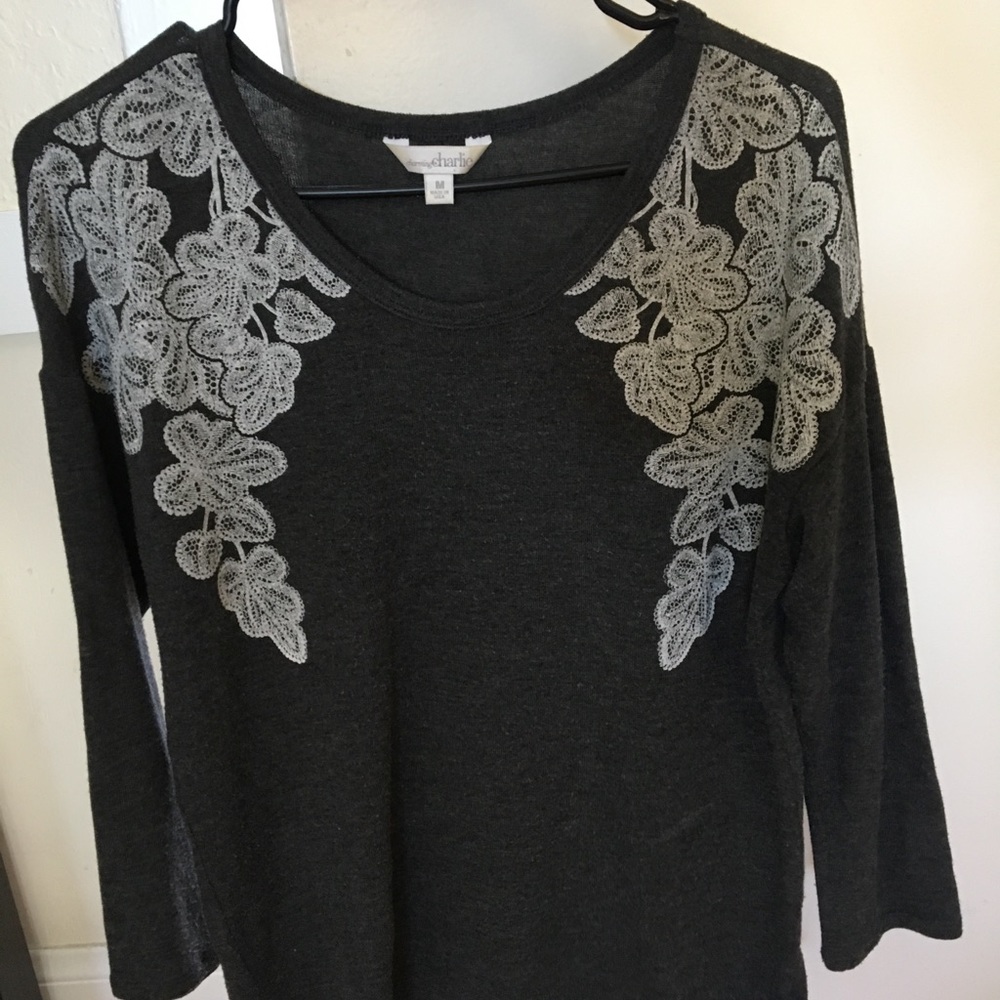 Charming Charlie- grey sweater with lace decal